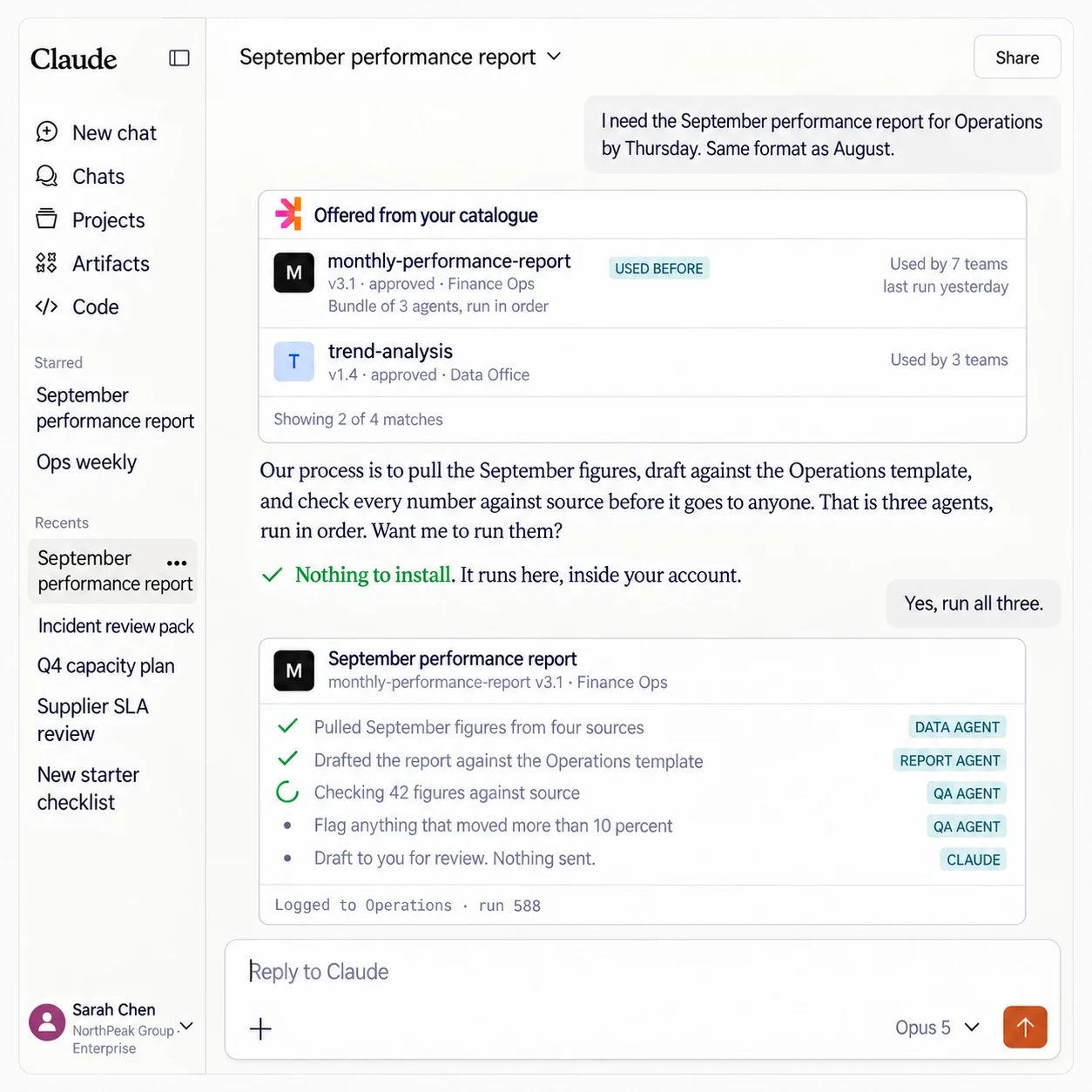 A Claude window. Sarah asks for the September performance report for Operations by Thursday. Cartesian offers monthly-performance-report, an approved bundle of three agents from Finance Ops used by seven teams. She accepts, the data agent, report agent and QA agent run in order, and the run is logged to Operations.